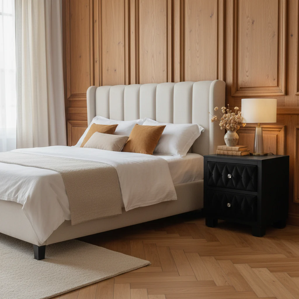 Nightstand Upholstered 3-Drawer Bedside Table with Diamond Tufted Front and Crystal Knobs