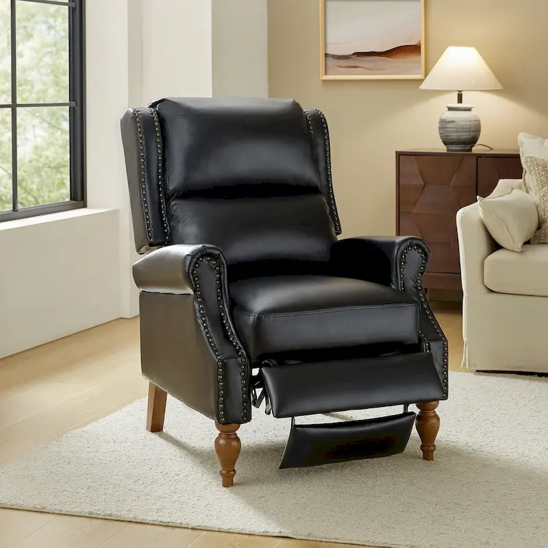 Traditional Vegan Leather Manual Push-Back Recliner, Padded Armrests, Solid Wood Legs, Living Room