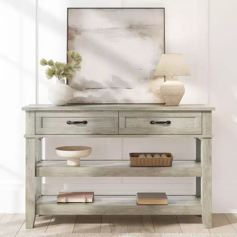 Farmhouse Console Table with 2 Drawers & 3-Tier Shelves for Entryway