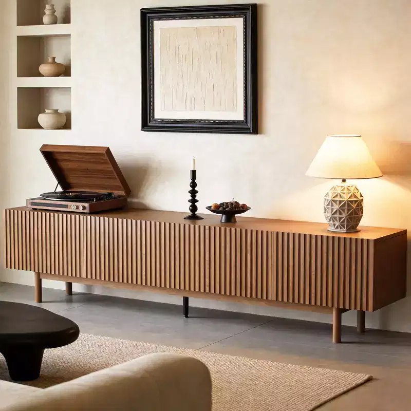 86.6 Extra Long Wood TV Stand for 90 Inch TV Slatted Media Console Entertainment Center with Removable Shelves Walnut Gaoyangjiaju
