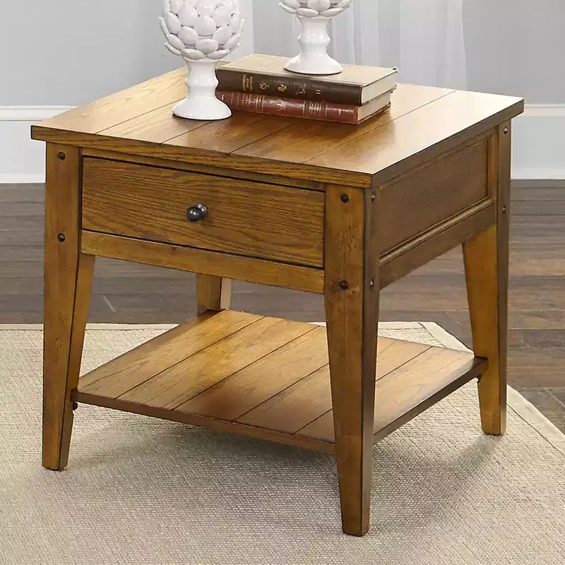 Casual Country Style End Table with Drawer and Bottom Shelf, Oak Finish