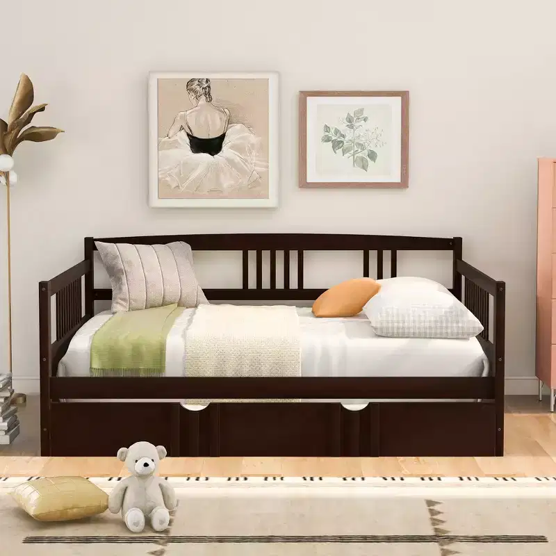 Full Size Wooden Daybed with Trundle, Extendable Solid Wood Daybed Frame with Pull-Out Trundle