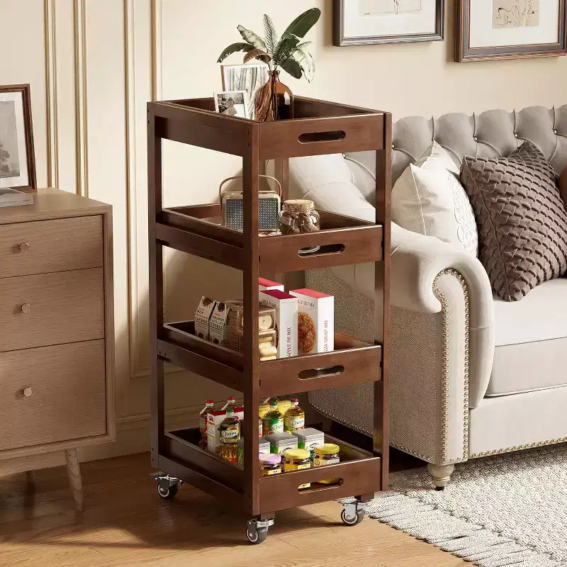 Lantine Solid Wood Storage Cart, 4-Tier Slim Mobile Kitchen Rolling Cart with Wheels for Small Space, Living Room, Dining Room, Laundry, Walnut
