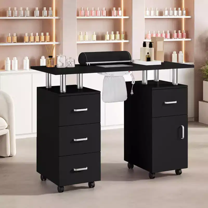 Manicure Table Nail Desk for Nail Tech, Nail Table Station with Dust Collector, Beauty Salon Workstation with Locking Castors & Wrist Cushion