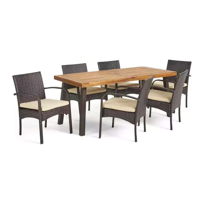 GDFStudio Neva Outdoor Acacia Wood and Wicker 7 Piece Dining Set with Cushion, Natural/Multibrown