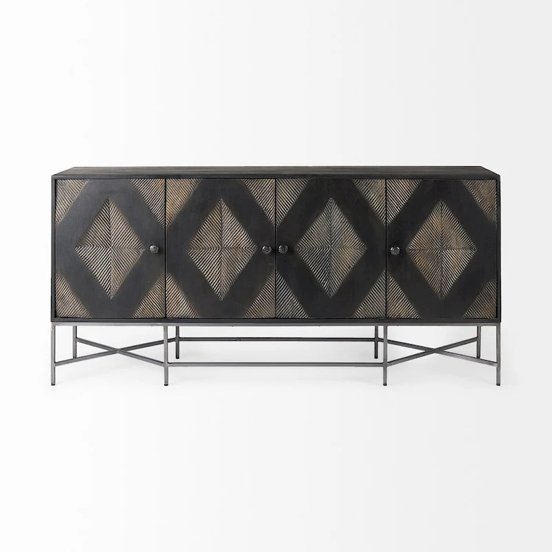 Hogarth I Two-Tone Brown Solid Wood Base Silver Frame 4 Cabinet Sideboard
