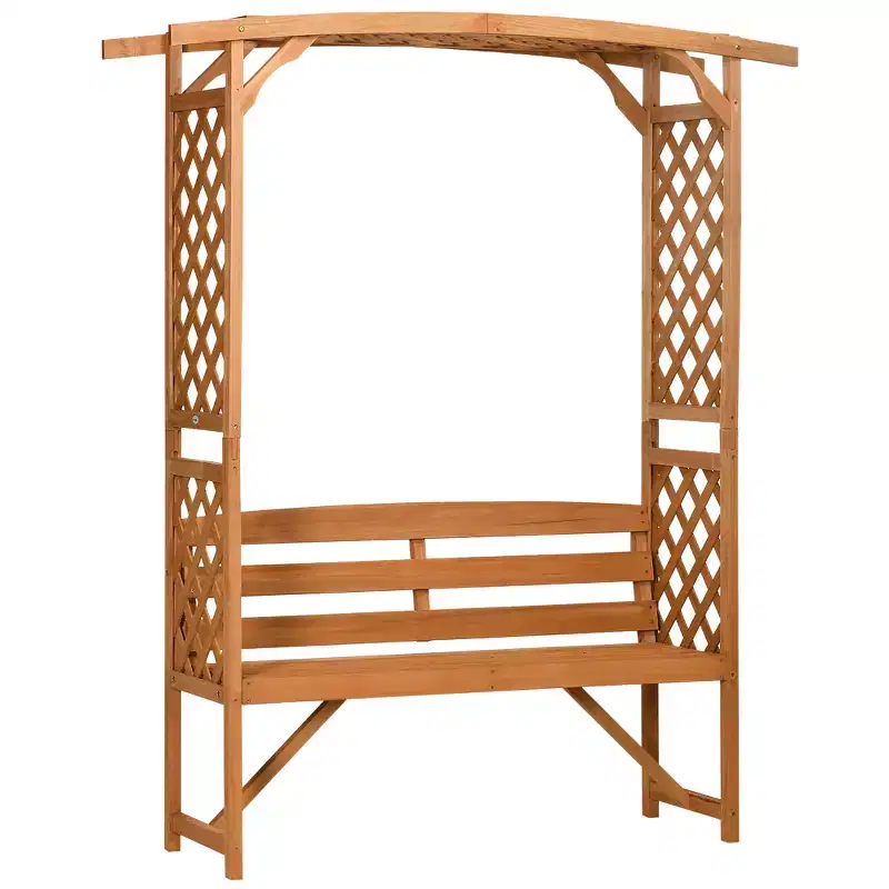 Outsunny Patio Garden Bench Arbor Arch with Pergola and 2 Trellises, 3 Seat Natural Wooden Outdoor Bench for Grape Vines & Climbing Plants