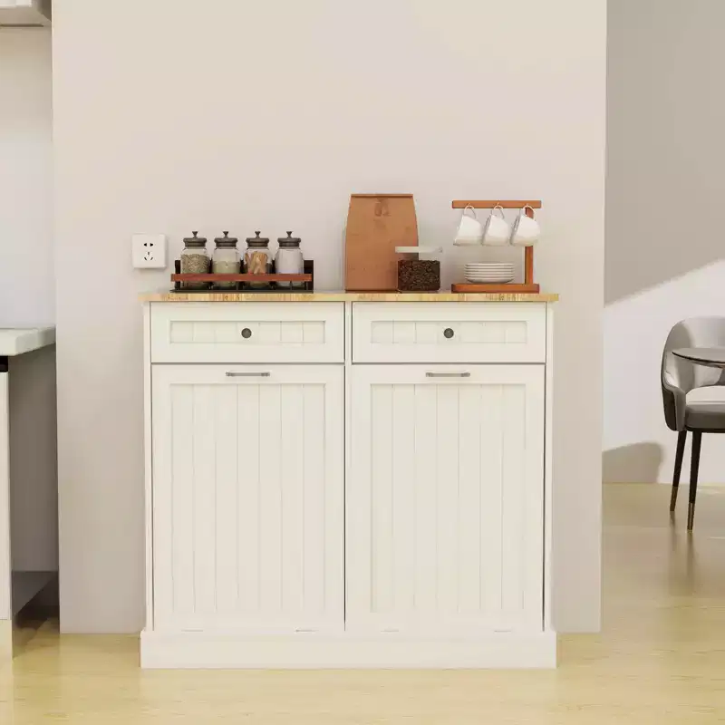 White Kitchen Trash Cabinet, 2 Drawers + 2-Compartment Tilt-Out Organizer for Waste Sorting
