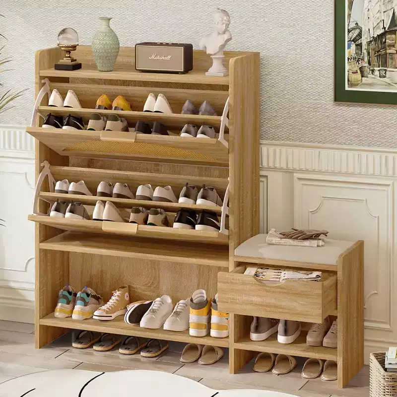 Shoe Storage Cabinet Rattan with 2 Flip Drawers, Storage Drawer and Bench for Entryway and Hallway, Light Brown
