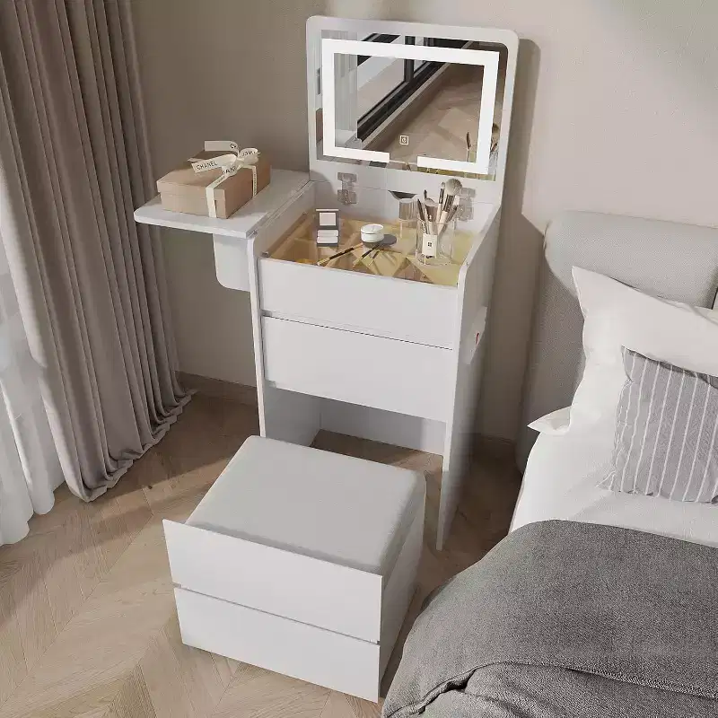 3-in-1 vanity table with mirror and lights, vanity table with 3 drawers, corner vanity set with soft stool, suitable for living room/bedroom