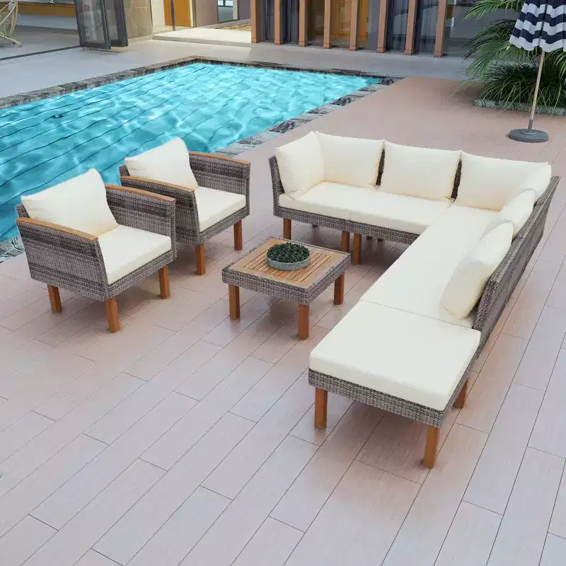 9 PCS Outdoor Rattan Conversation Set, Patio Sofa Set Seating Group With Coffee Table and Washable Cushion -ModernLuxe