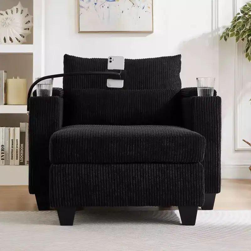 Convertible Chaise Sofa Bed Corduroy Sleeper Sofa with Ports Cup Holders Ample Storage Space for Living Room Black