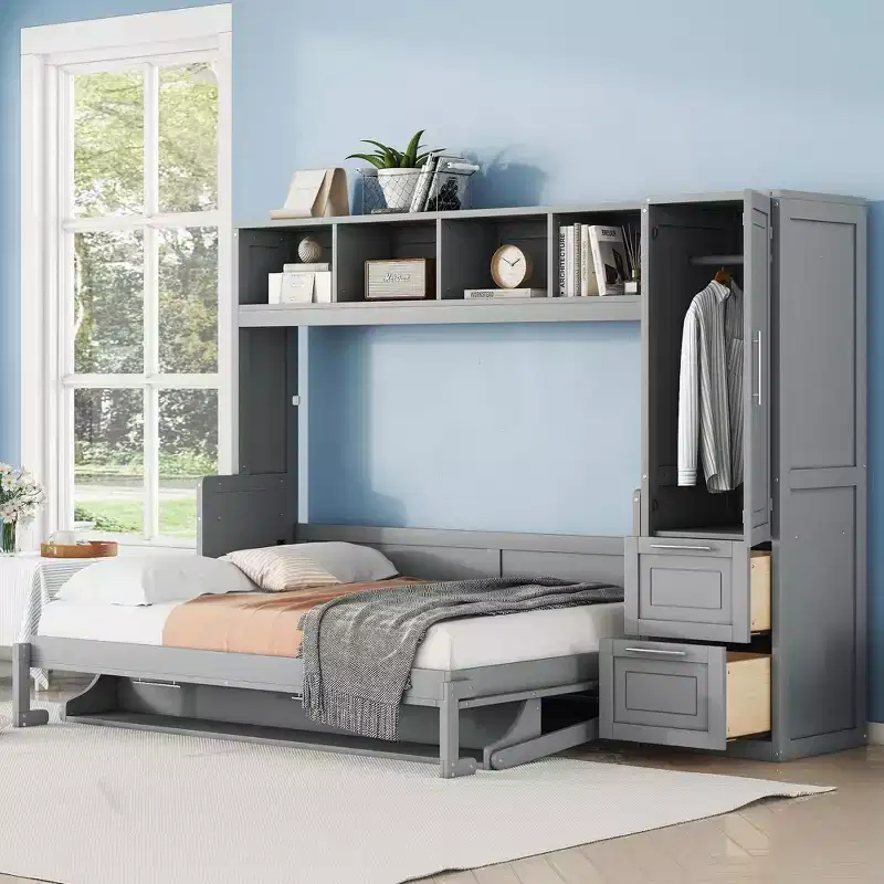 Full/Queen Murphy Bed, Wooden Cabinet Bed Wall Bed with Closet and Drawers, Folding Bed for Guest Room Small Room