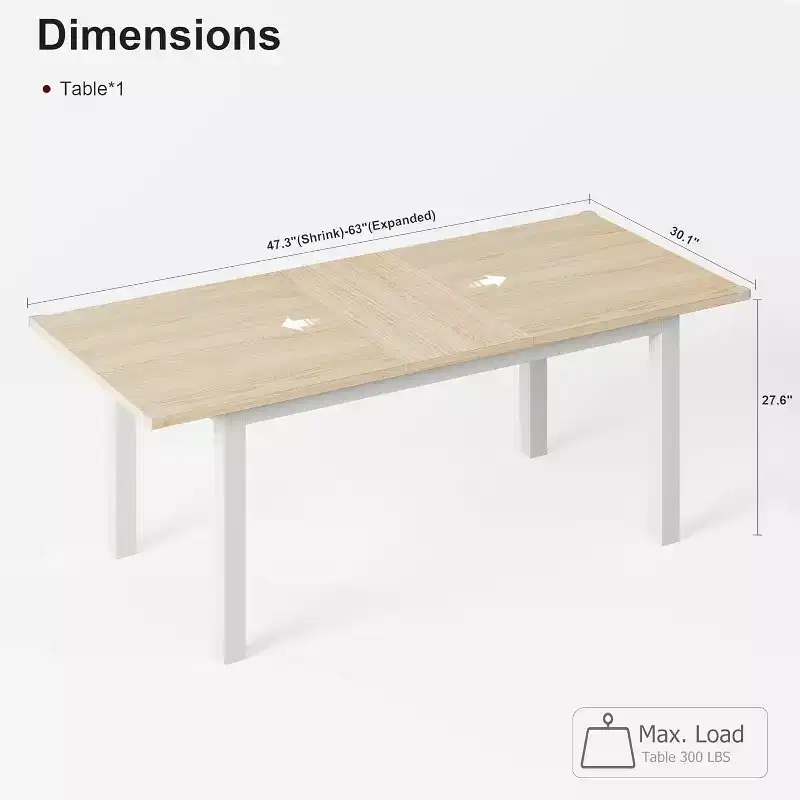 63 Extendable Dining Table for 6-8 People, Large Rectangular Kitchen Table with Metal Frame & MDF Top, Natural Wood Finish, Easy Assembly