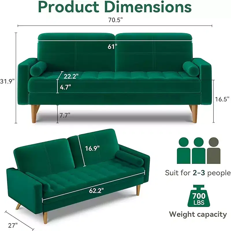 Dyonery 3-seater sofa, 68-inch velvet sofa with velvet cushion and pillow, Mid-century modern sofa, suitable for living room, apartment