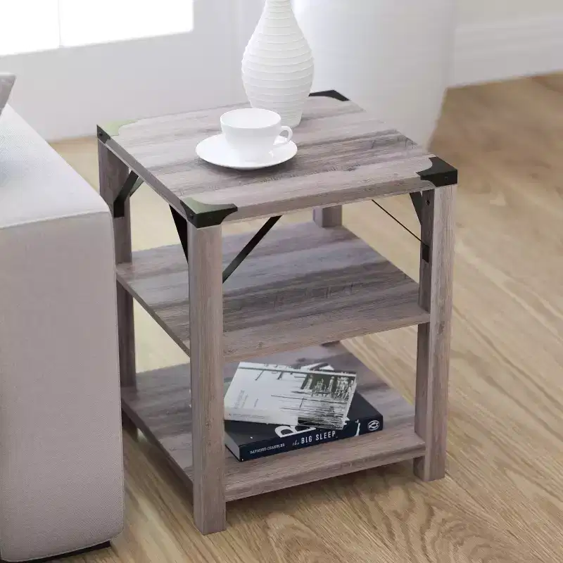 Modern Farmhouse Engineered Wood End Table with Two-Tiered Shelving & Steel Accents