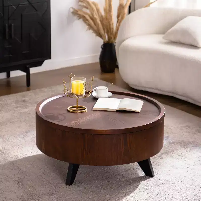 Round Coffee Table, Hidden Storage, Mid-Century Modern for Living Room, Bedroom, Kitchen