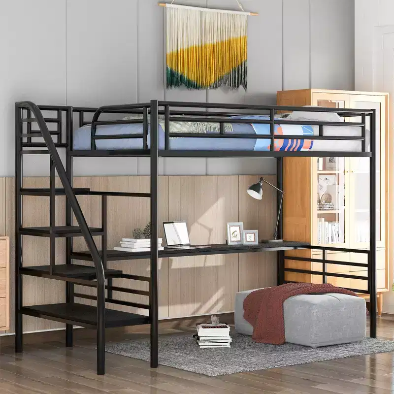 Whisen 94.40''L  41.40''W  71.70H Industrial Style Twin Size Metal Loft Bed Frame with Built-in Desk and stairs - Black