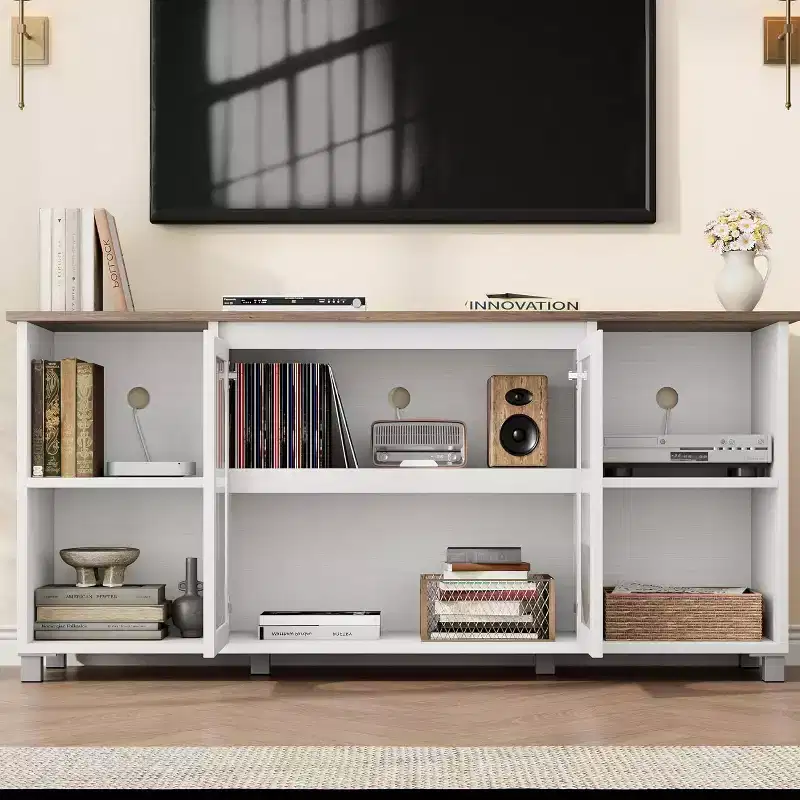 70 Rustic TV Stand - Entertainment Center with Corrugated Glass Cabinet Doors & Open Shelves, Media Console for Living Room (White & Dark Brown)