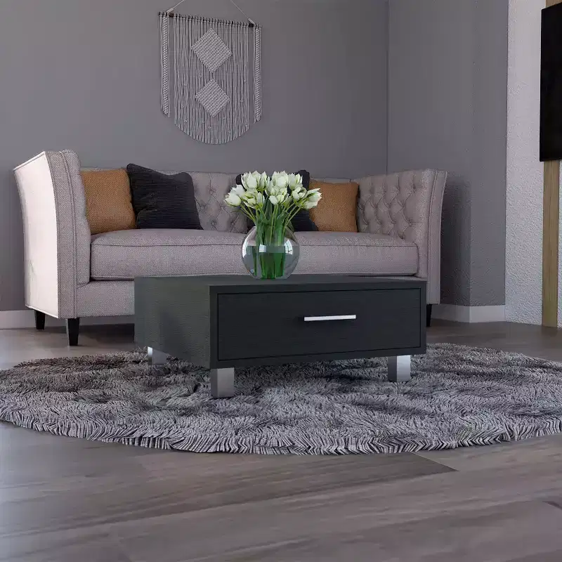Square Coffee Table with Drawer, Four Legs - Black