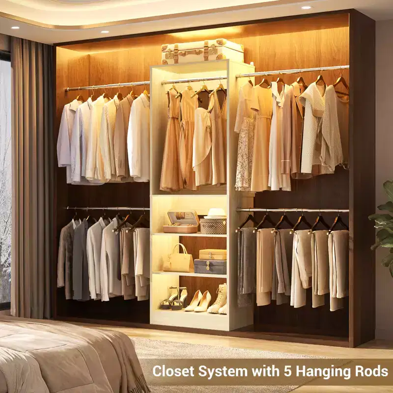 5-10FT Closet System with 5 Hanging Rods and Shelves, Expandable Closet Organizer for Bedroom