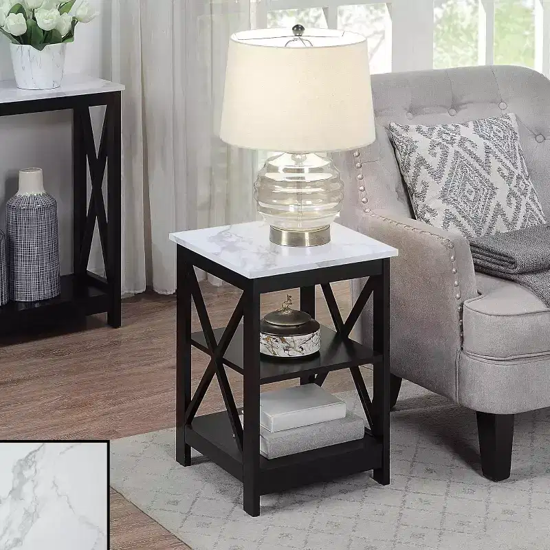 Belmont End Table with 3 Open Shelves and X Frame Panels, White Faux Marble/Black