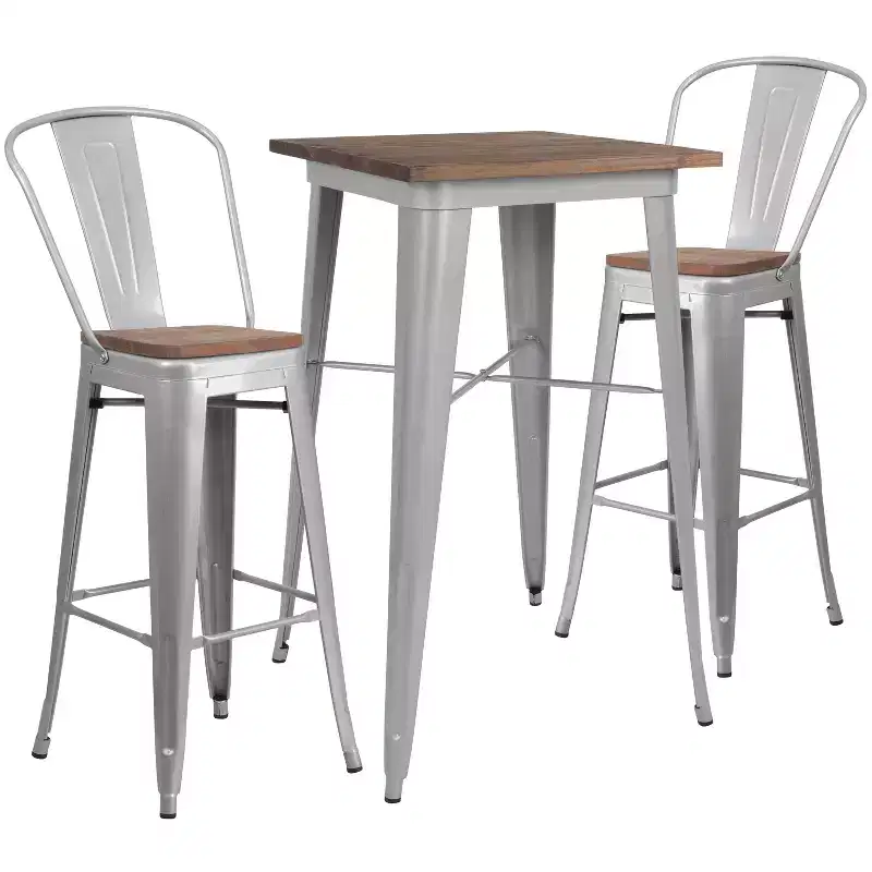 Flash Furniture 23.5 Square Metal Bar Table Set with Wood Top and 2 Stools
