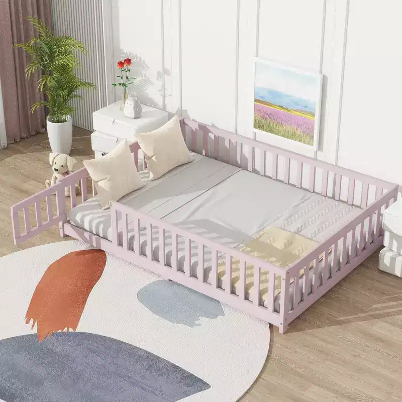 MAYEERTY Full Floor Bed with Fence and Door, Rubber Wood Bed Guardrails Pink