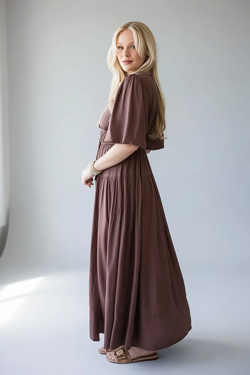 Puff Sleeve Smocked Waist Tiered Maxi Dress