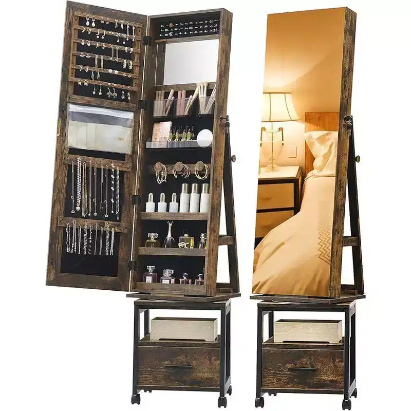 360Swivel Jewelry Armoire, Lockable Standing Jewelry Organizer with Mirror, Drawers and Wheels, Jewelry Armoire with Collapsible Makeup Stand
