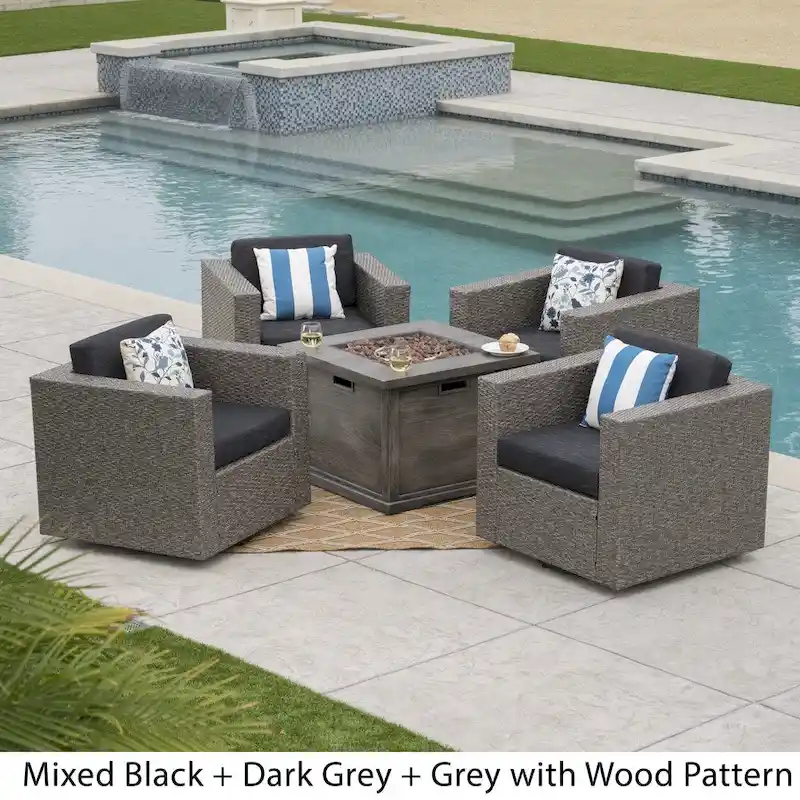 Achton Outdoor 4-piece Wicker Swivel Club Chair Set with Square Firepit by Christopher Knight Home