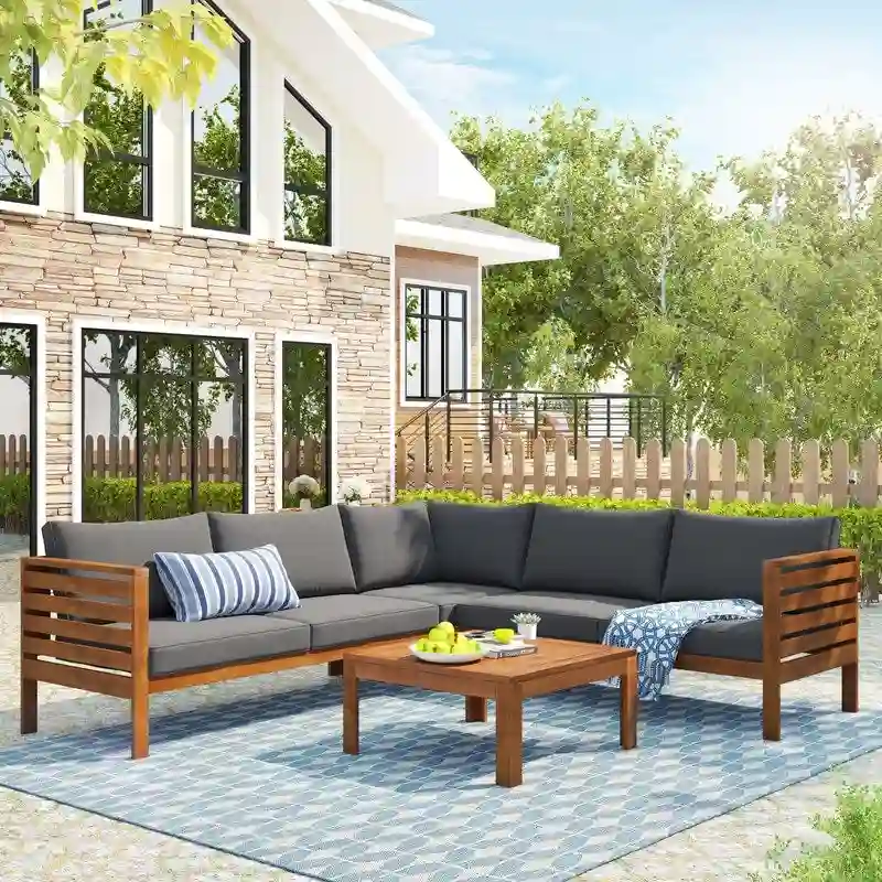4-piece Outdoor Patio Furniture Set Acacia Wood Sectional Sofa Sets