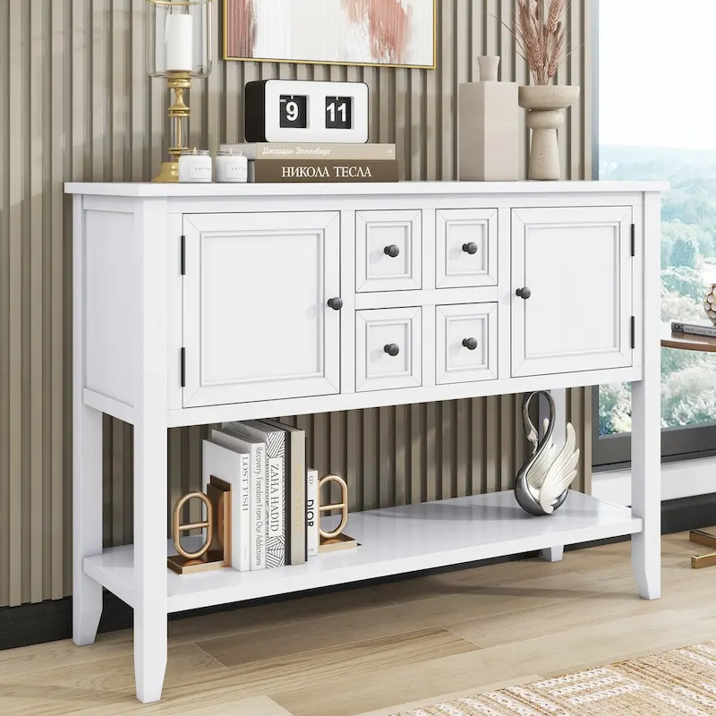 Vintage Console Table with Four Small Drawers and Bottom Shelf