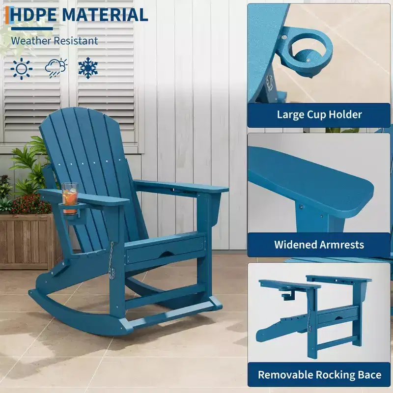 HDPE 4-in-1 Adirondack Rocking Chair with Retractable Ottoman,Folding Outdoor Plastic Rocker with Cup Holders,All-Weather Patio Seating for Poolside