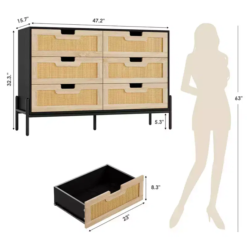 Whizmax 6-Drawer Tall Dresser for Bedroom, Rattan Storage Organizer for Closet, Living Room, Hallway, Entryway