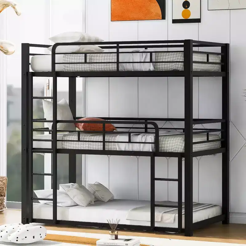 Whisen Metal Twin Size Triple Bunk Bed with 2 Ladders and Guardrail