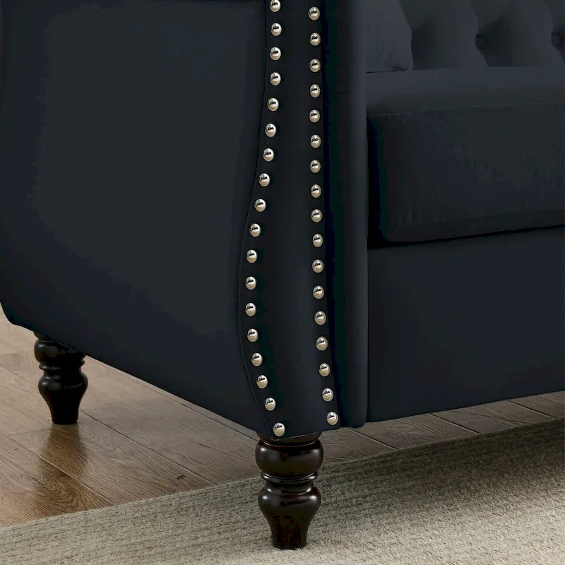 2-Seater Chesterfield Sofa with Rolled Arms and Nailhead Trim – Black Velvet