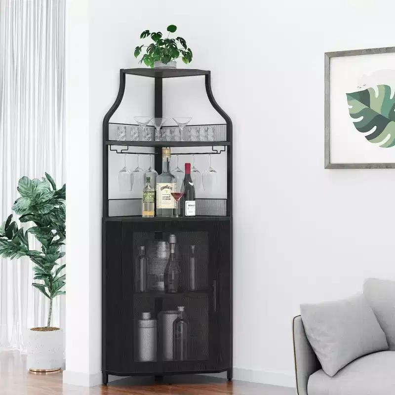 Corner wine rack, 5-layer shelf with removable wine rack, bar cabinet with glass rack, small dining cabinet and buffet cabinet with mesh door
