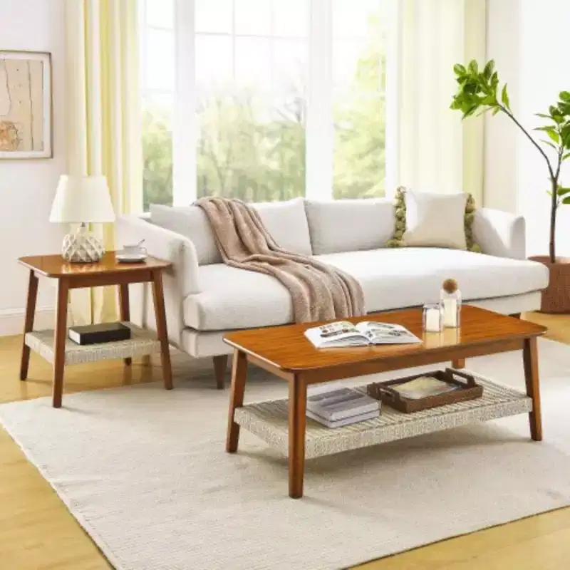 Mid-Century Coffee Table With Woven Shelf, Bohemian Rattan Coffee Table With Storage, Farmhouse Wooden Low Rectangular End Table For Living Room