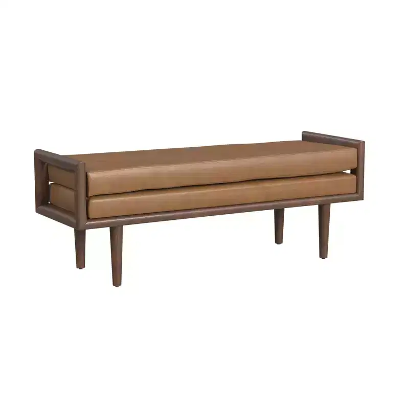 HomePop Wood Bench with Upholstered Seat Faux Leather Caramel: Rectangle Ottoman, Entryway Seating, Polyester & Viscose