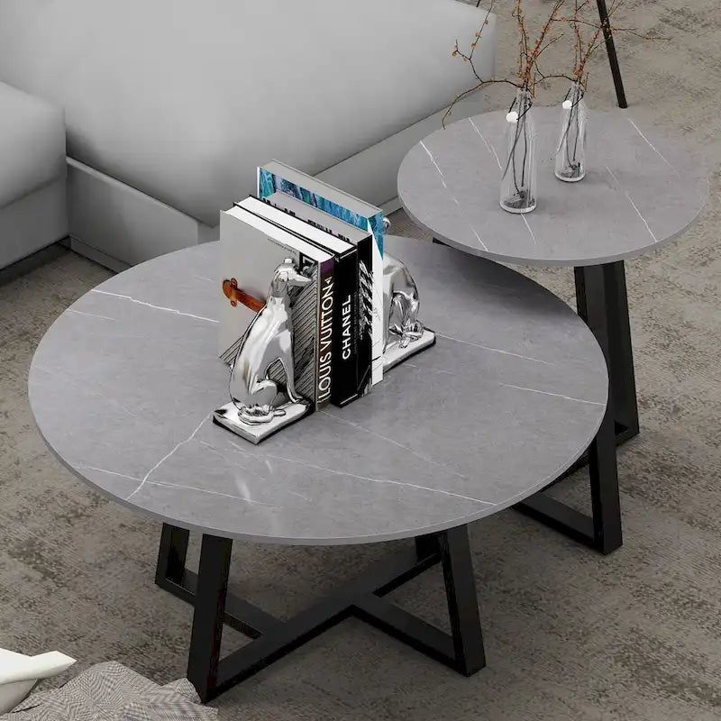 Set of 2 Round Nesting Tables Sintered Stone Marble Coffee Table - 31.5x15.7 inch