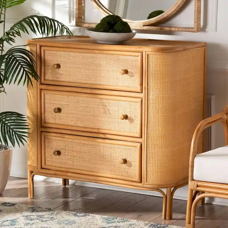 Bohemian Light Honey Rattan 3-Drawer Storage Cabinet – Boho Bedroom Dresser Organizer