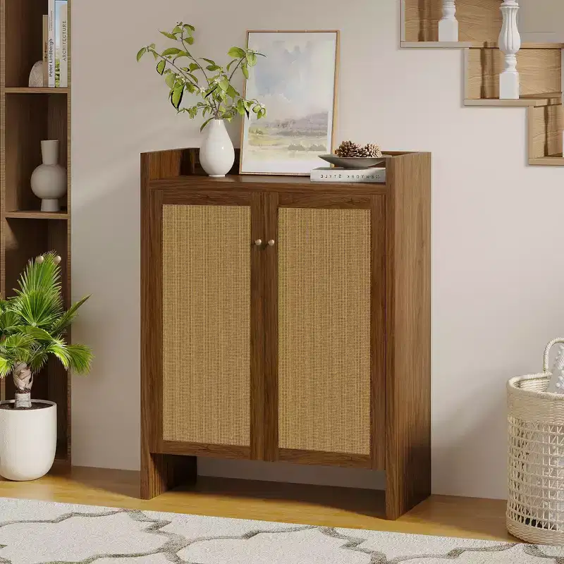 42.5 Tall Rattan Shoe Cabinet with Doors, 6-Tier Shoe Storage Organizer with Adjustable Shelves, Freestanding for Entryway, Hallway, Walnut