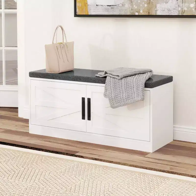 Shoe Bench Farmhouse Shoe Rack Organizer with Cushion 2 Doors 2 Adjustable Shelves