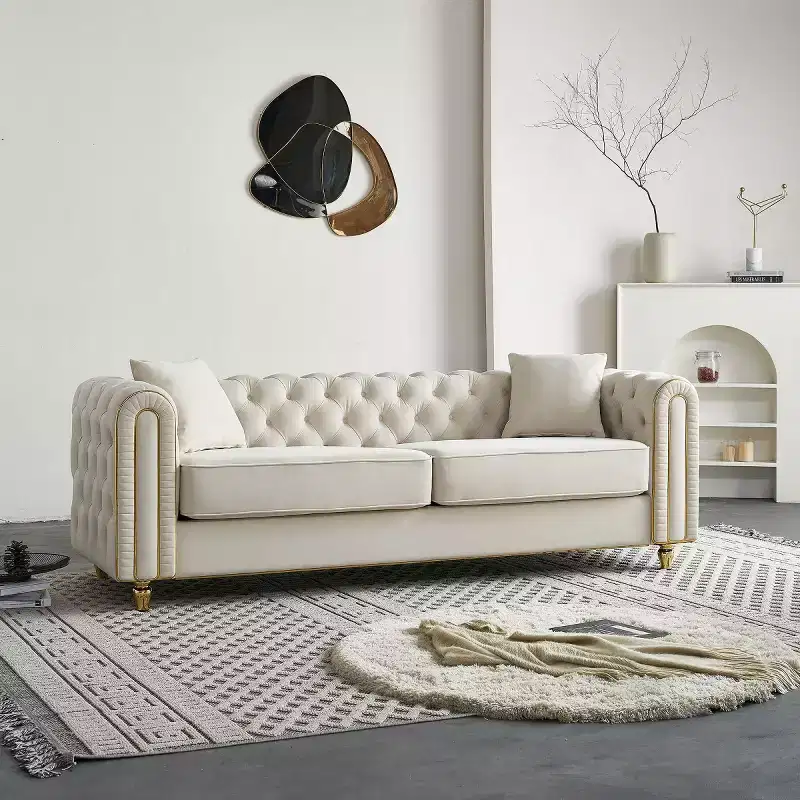 86 Inch Luxury Modern Tufted Chesterfield Sofa, 3-Seater Couch with Rolled Arms and Gold Trim for Living Room, Bedroom or Apartment