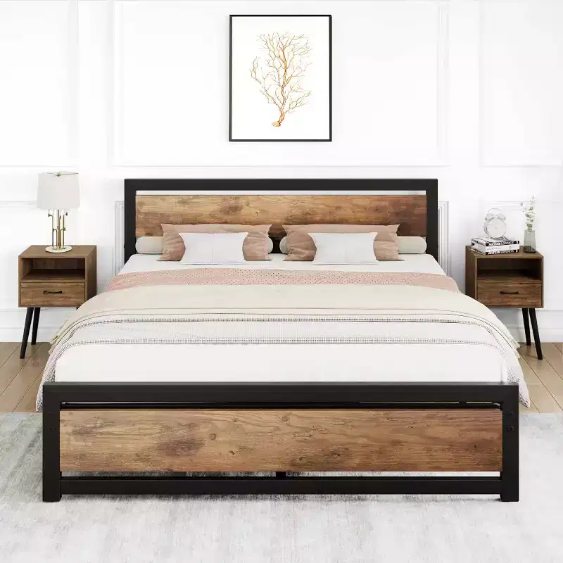 Bed Frame with Wooden Headboard, 14 Inch Heavy Duty Industrial Metal Platform Bed Frame with Under Bed Storage, No Box Spring Needed
