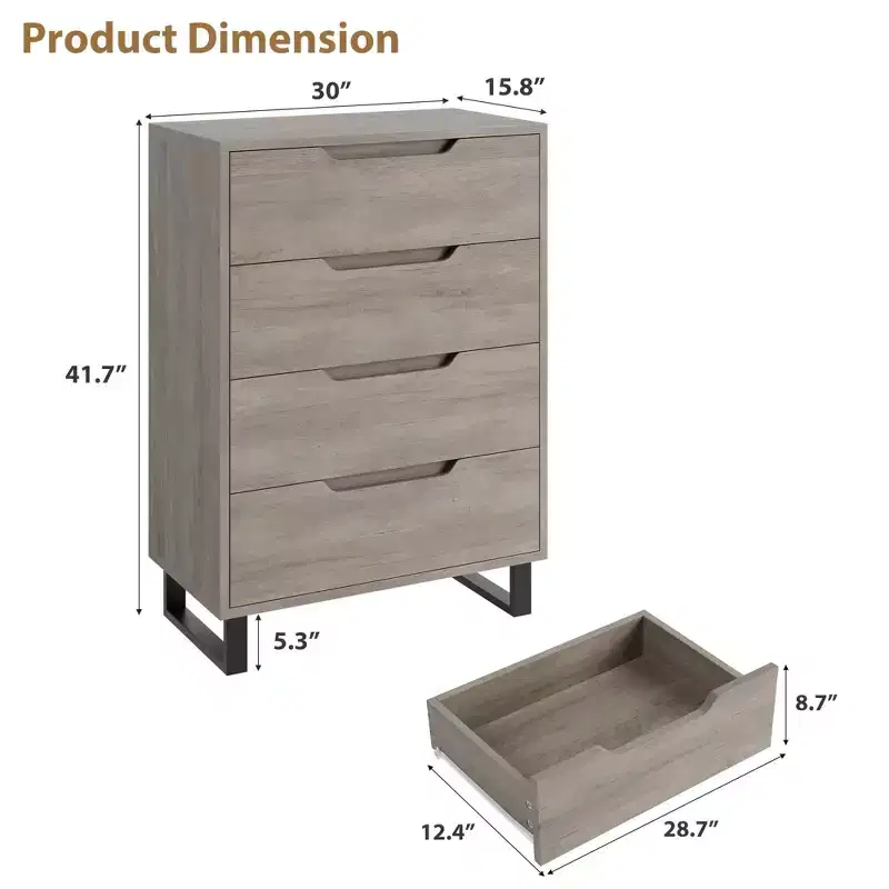 4 Dresser for Bedroom, 41.5 Tall Dresser, Freestanding Vertical Drawer Cabinet with Storage, Wooden Closet Storage Chest