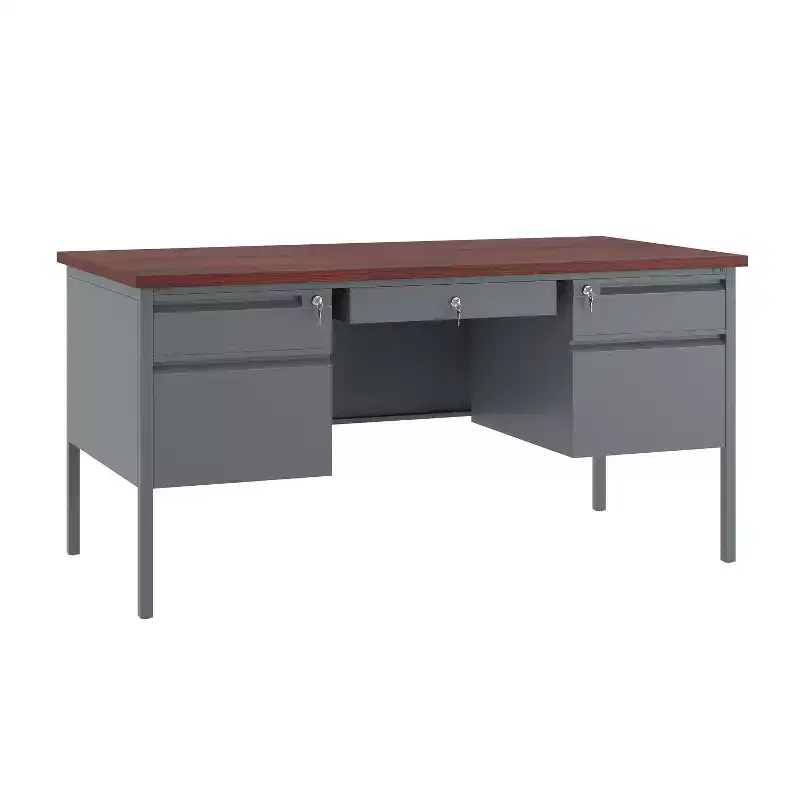 Flash Furniture Cambridge Commercial Grade 30x60 Double Pedestal Desk with 5 Locking Drawers, Mahogany Top and Charcoal Gray Frame