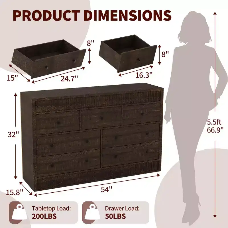 7 Drawer Dresser for Bedroom, 54'' Wide Wooden Dressers, Mid Century Modern Chest of Drawers Storage Organizer,Farmhouse TV Stand for Entryway