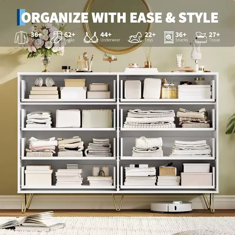 8-Drawer Fluted Wooden Dresser with Metal Handles